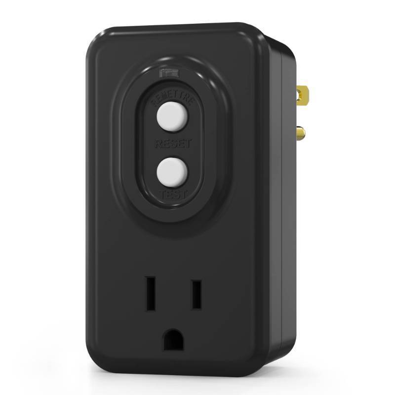 lot 72964 image: GFCI Adapter, 15 AMP Single Outlet Grounded 3-Prong GFCI Adapter, for Indoor Use with Manual Reset, UL Listed, Black, 1 Pack - Retail $20