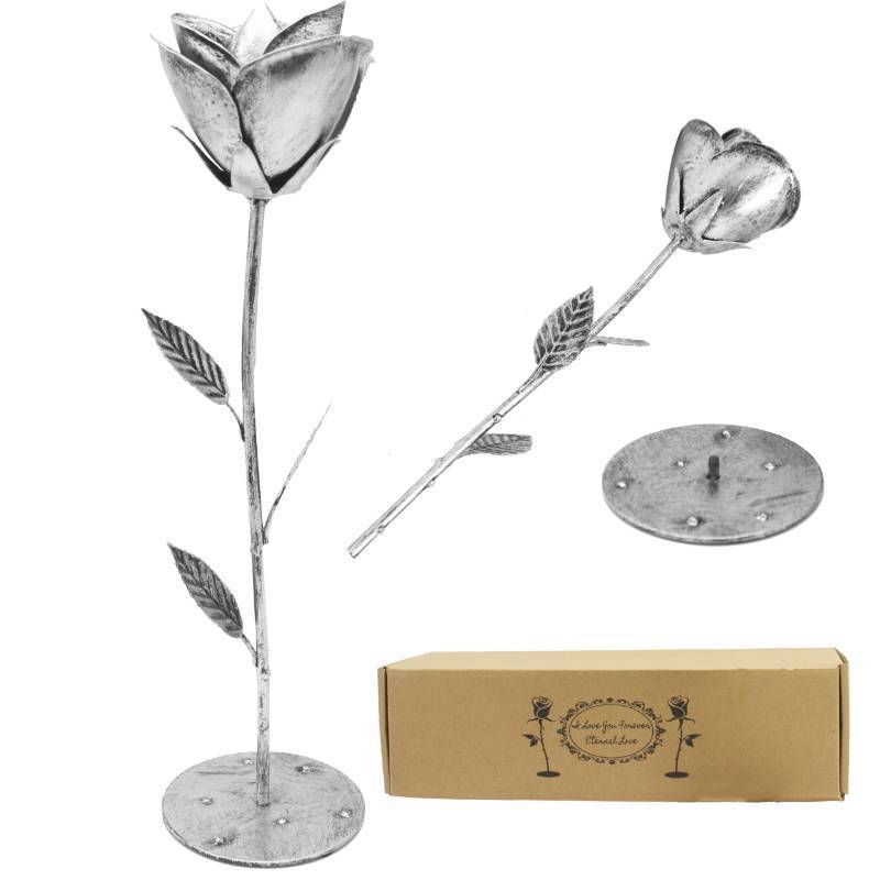 lot 73002 image: 10 Year Gifts Anniversary Tin Wedding Gifts Ten Years for Him Her, 10 Years Anniversary Wedding Unique Gift Ideas for Wife Couple Silver Metal Rose with Base (Silver) - Retail $30