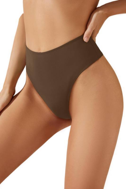 lot 73028 image: Women High Waist Thong Bikini Bottoms High Cut Swimsuit Bathing Suit Cheeky Brazilian Swimwear Bottom Brown L - Retail $15