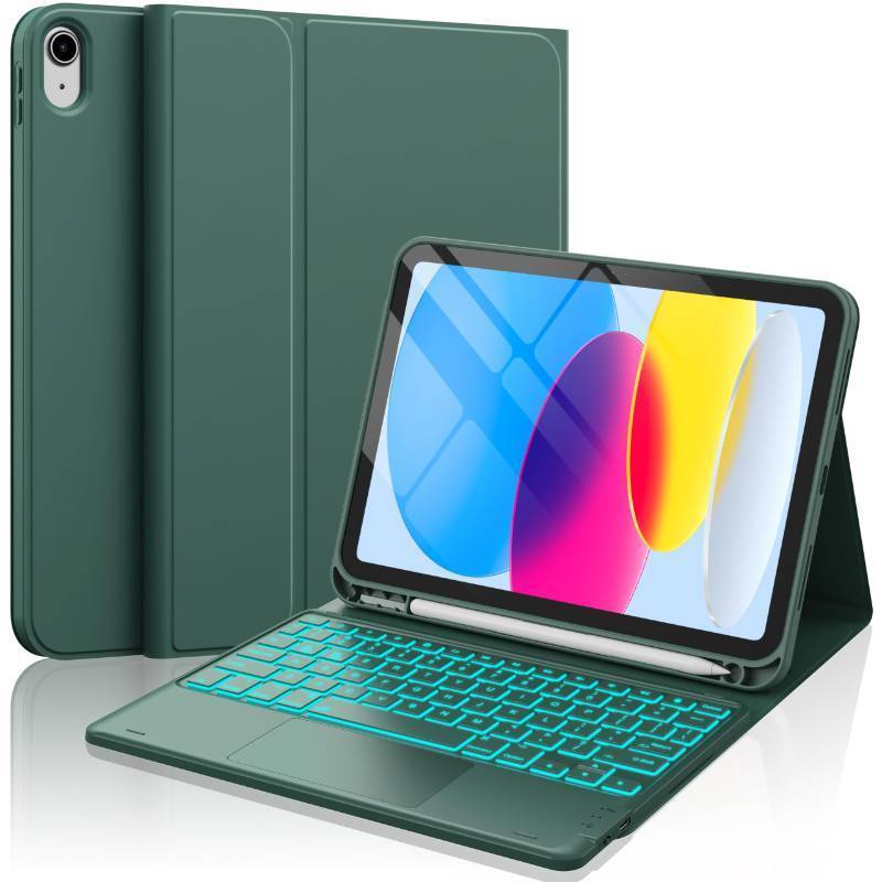lot 73037 image: iPad 10th Generation Case with Keyboard, 7 Color Backlight, Multi-Touch Trackpad, Flip Stand Case with Pencil Holder, 2 Wireless Channels for iPad (A16) 11th10th Gen 20252022, Green - Retail $32