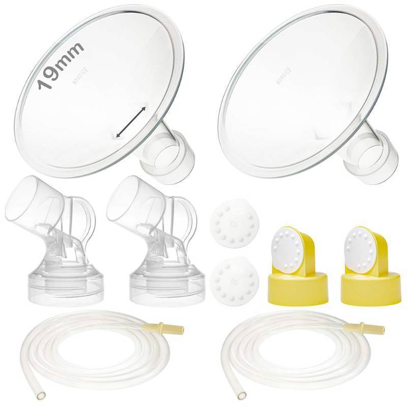 lot 73046 image: Pump Parts with 19mm Flanges Compatible with Medela Pump in Style Parts Accessories Breast Pump Not Original Medela Pump Parts Incl. 19mm Flange Breastshield Connector Valve Membrane Tubing - Retail $20