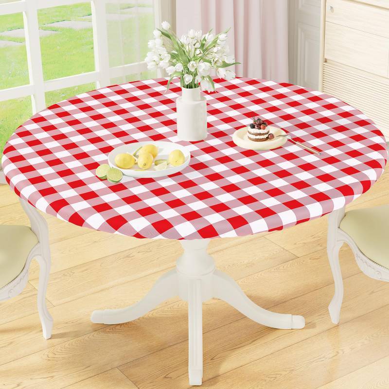 lot 73050 image: Round Fitted 4th of July Tablecloth with Elastic Edge, Buffalo Plaid Waterproof Vinyl Flannel Backed Table Cloth Cover Fits 18-24 Round Tables for Dinner, Outdoor, Picnic, Red White Check - Retail $15