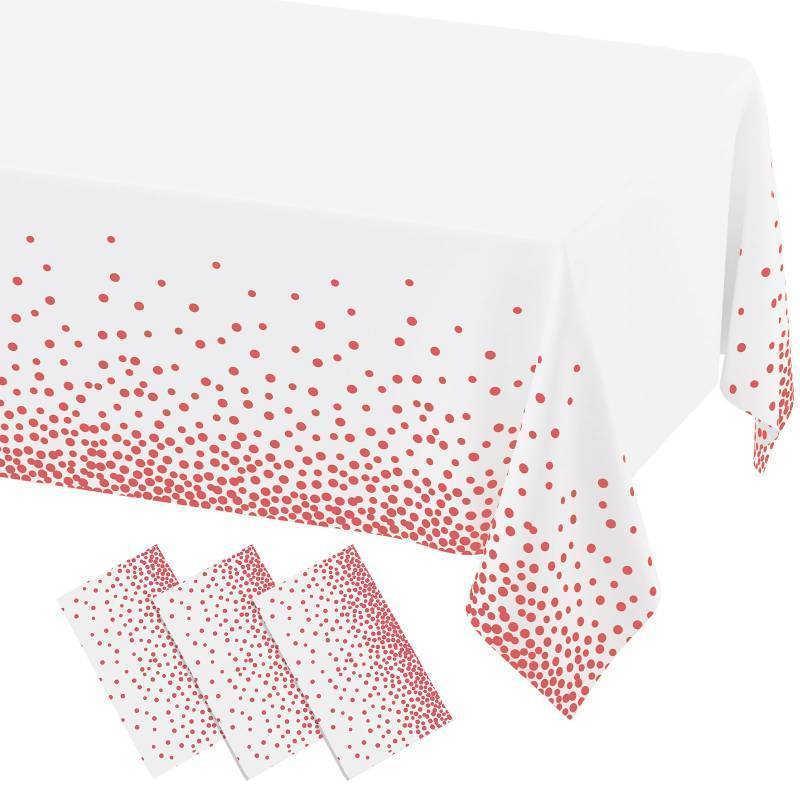 lot 73118 image: 3 Packs Dot Disposable Table Cloth, 54 x 108 Inch Waterproof Plastic Tablecloth, Rectangle Pink Dots in White Table Covers for Mothers Day, Picnic, Birthday, Party - Retail $12