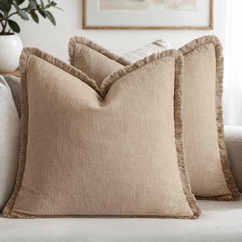 lot 73119 image: Decorative Throw Pillow Covers Neutral Linen Fringe Throw Pillows Euro Shams Set of 2 Camel Boho Farmhouse Cushion Covers for Couch Sofa Bed Living Room Spring Home Decor 22x22 Inch - Retail $30