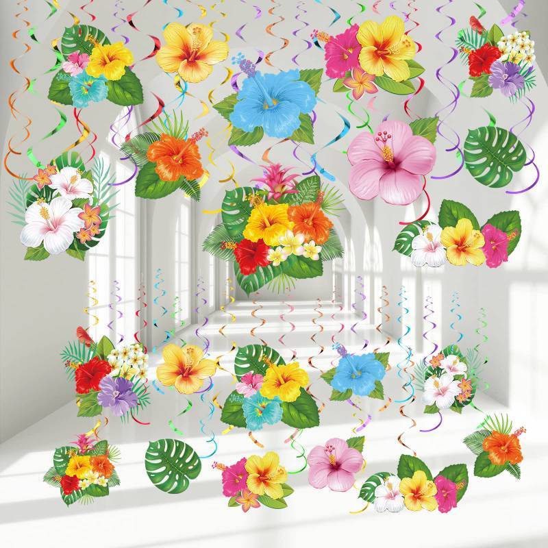 lot 73131 image: 30 Pieces Hawaiian Luau Birthday Party Hanging Swirl Decorations, Flower Tropical Palm Flamingo Sign Foil Ceiling Decor for Floral Tropical Party Summer Beach Pool Tiki Supplies(Flower) - Retail $10