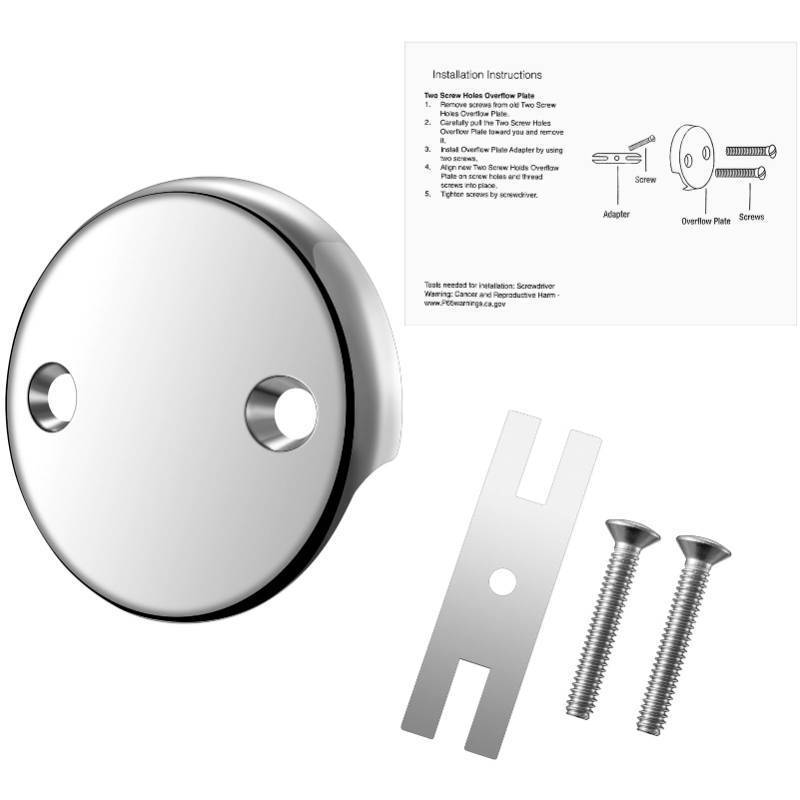 lot 73156 image: 2-Hole Bathtub Overflow Cover Plate with Adapter, Brushed Nickel, Installation Hardware Included (Chrome) - Retail $10