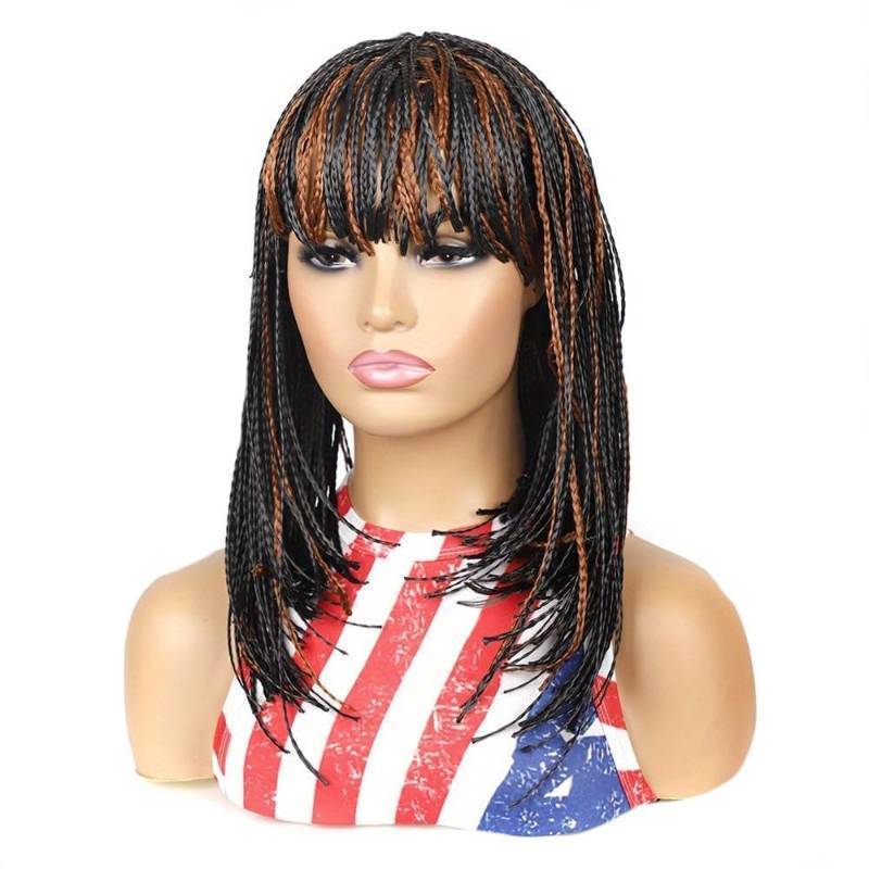 lot 73174 image: Box Braid Wig Synthetic Short Bob Wig Box Braided Wig With Bangs Cornrow Braided Wig For Black Women (12 inches, 1BH30#) - Retail $30