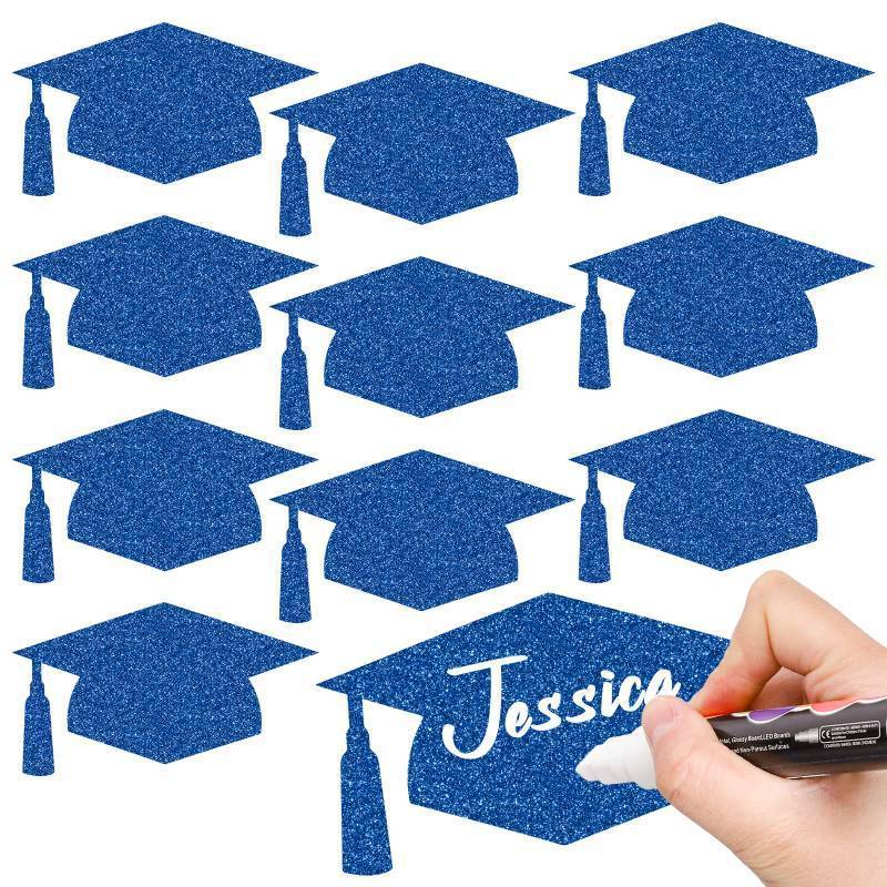 lot 73212 image: 50Pcs Grad Caps Cutouts Glitter Blue Graduation Paper Cutting with 100Pcs Glue Points Grad Cap with Tassel Shaped Confetti for High School College Graduation Party Supplies, 5.7 Inch - Retail $10