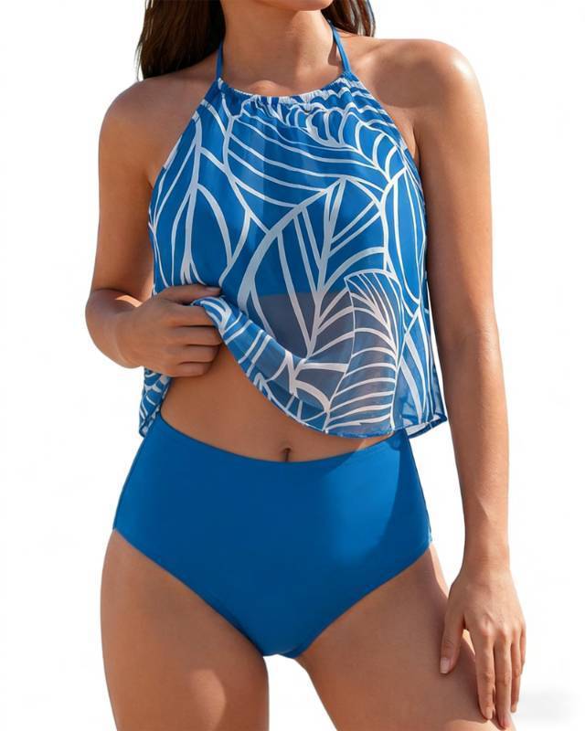 lot 28249 image: Tankini Swimsuits for Women Tummy Control Bathing Suit 2 Piece Modest Swim Suits Flowy Mesh Top High Waisted Bottom - Retail $36