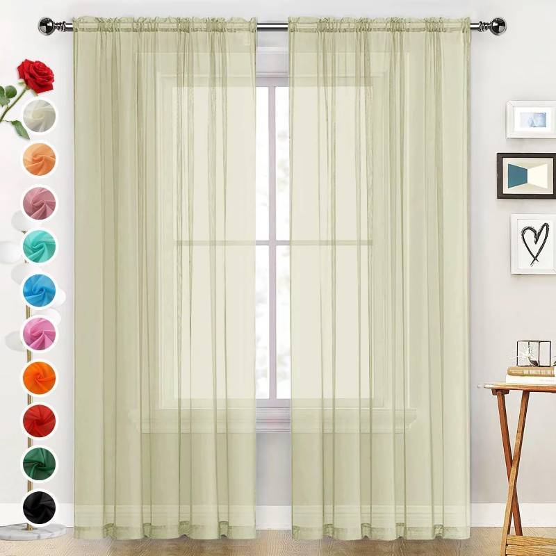 lot 28259 image: Basic Rod Pocket Sheer Voile Window Curtain Panels Sage Green 1 Pair 2 Panels 52 Width 84 Inch Long for Kitchen Bedroom Children Living Room Yard Sage Green, 52W x 84L - Retail $10