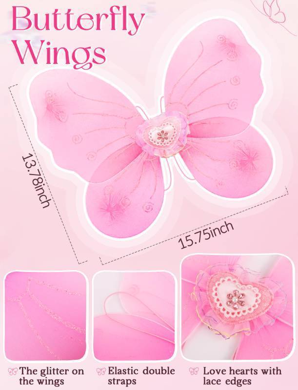 lot 28290 image: 4 Pack Fairy Costume for Girls Butterfly Wings Kids Princess Costume Set with Tutu Skirt,Headband,Fairy Wings and Wand (The Wings Are a bit Damaged See Picture For Reference) - Retail $15