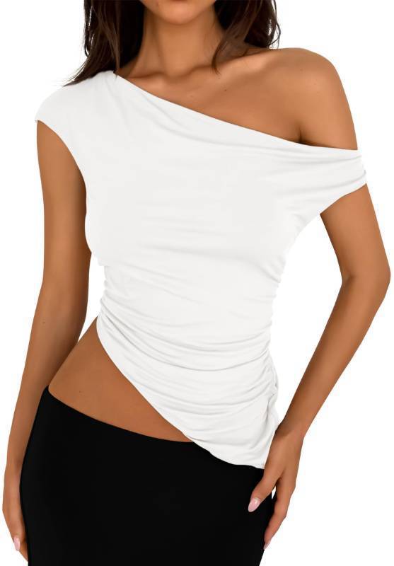 lot 28297 image: Womens Off The Shoulder Y2K Tops 2026 Summer Sleeveless Asymmetrical Ruched Going Out Tank Top Fashion Clothing (White,Small) - Retail $15