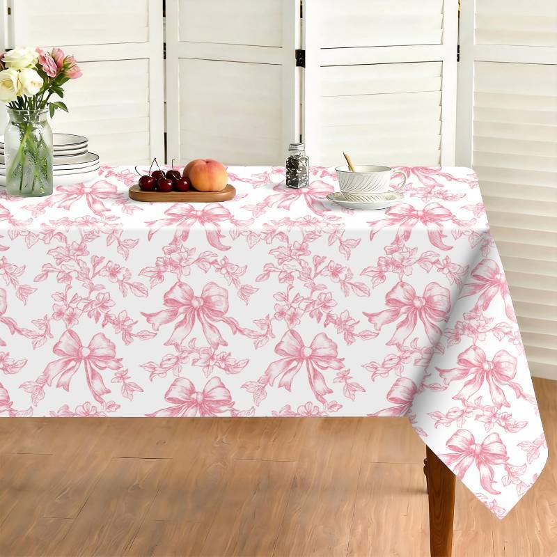 lot 28408 image: Pink Bow Polyester Rectangular Tablecloth 60�84 Inch, Tea Party Tablecloth Pink Floral Washable Table Cover for Baby Shower Bridal Birthday Party Picnic Weddings Dinner Decor - Retail $10