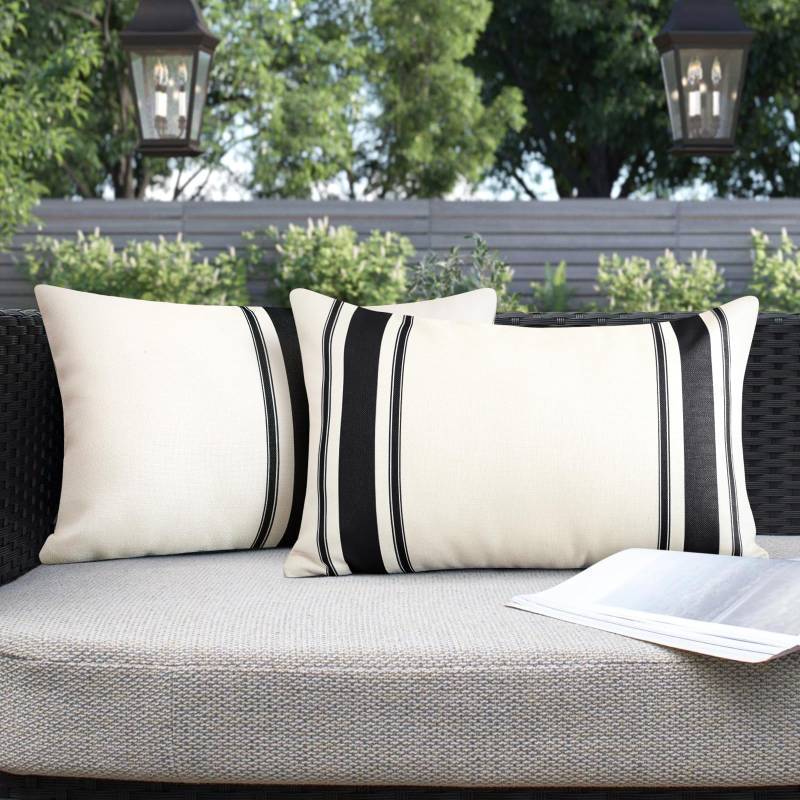 lot 28409 image: Pack of 2 Outdoor Waterproof Decorative Pillow Covers 12x20 Inch Linen Geometry Pillowcases Cushion Case Garden Throw Pillow Covers Pillows Shell for Patio Furniture Couch Tent Balcony (Black) - Retail $13
