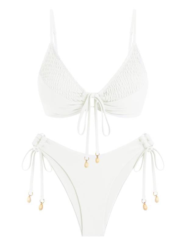 lot 28417 image: Womens Triangle Bikini Set O Ring Tie String Two Piece Swimsuit Smocked High Cut Bathing Suit White - Retail $35