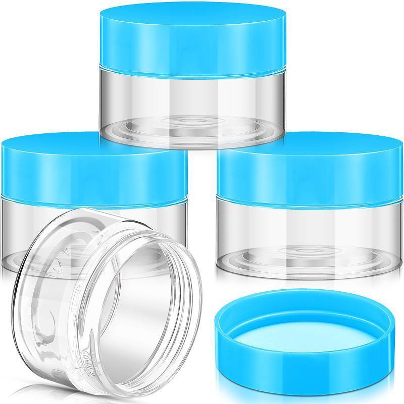 lot 28437 image: 4 Pieces Round Wide-mouth Leak Proof Plastic Container Jars with Lids for Travel Storage Makeup Beauty Products Face Creams Oils Salves Ointments DIY Making(1 Ounce,Blue) - Retail $6