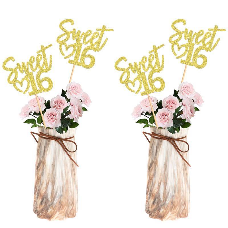 lot 28461 image: 12Pcs Happy Sweet 16 Party Centerpiece Sticks Golden 16th Birthday Flower Toppers for Boys Girls 16th Birthday Table Decorations Floral Table Topper 16th Golden Birthday Party Centerpiece - Retail $7