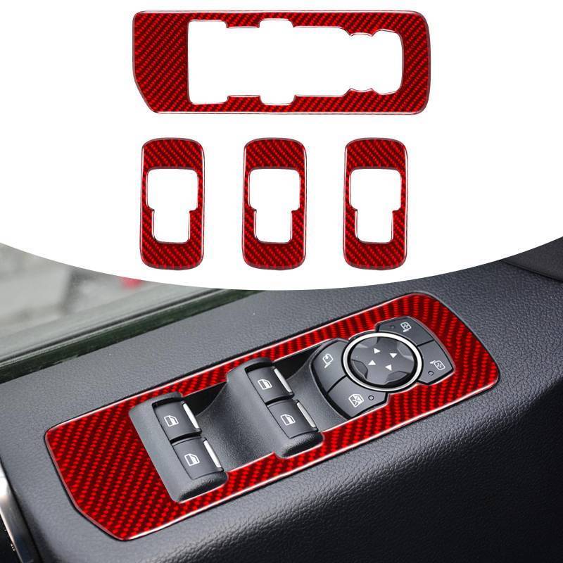 lot 28482 image: Compatible with Door Window Control Lift Switch Panel Trim,4 Pcs Real Carbon Fiber Protection Frame Sticker Interior Accessories Decoration for Ford F150 2015-2020(Red) - Retail $13