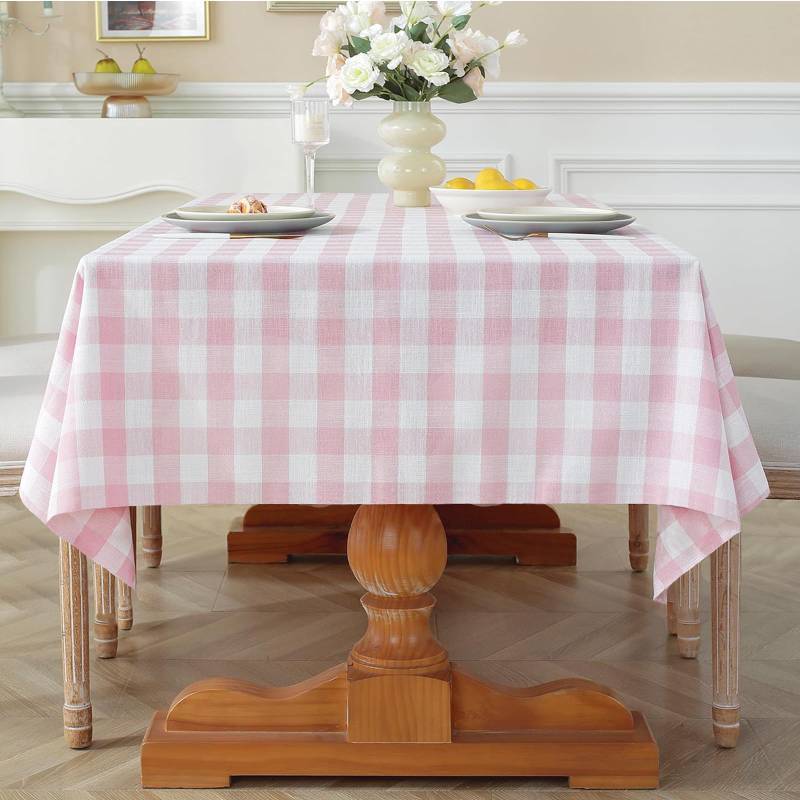 lot 28508 image: Spring Pink Gingham Table Cloth Square Tables Buffalo Plaid Checkered Tablecloth Cotton Linen Farmhouse Tablecloths Washable Wrinkle Free for Picnic Kitchen, 60x60 4 Seats - Retail $20