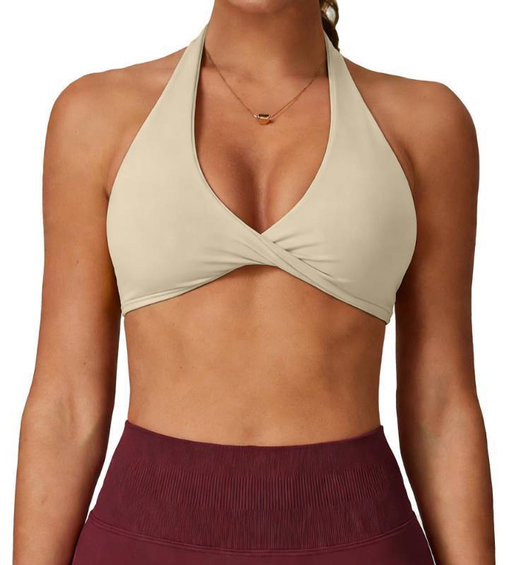 lot 28513 image: Halter Sports Bras Padded Open Back V Neck Yoga Bra Workout Crop Tank Top Sexy Gym Bra Low Impact Beige - Retail $14