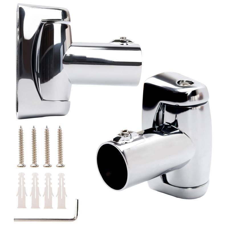 lot 28531 image: 2 Pack Shower Curtain Rod Brackets, Zinc Alloy Holder with Screw, Wall Mount Bracket, 180 Rotatable for 1 Inch Curved Rod, Polish Silver - Retail $19