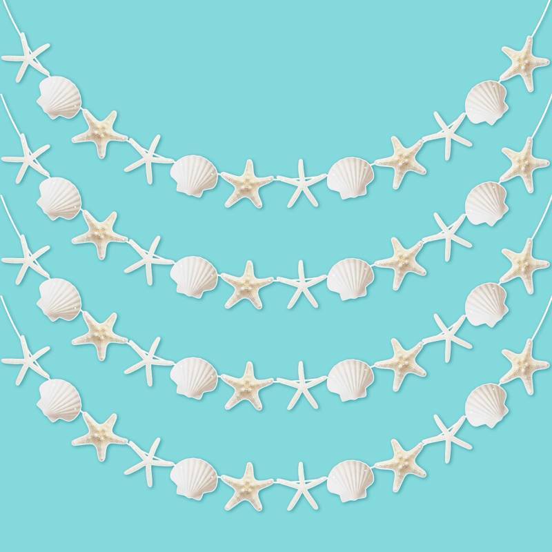 lot 17789 image: 4 Pack 40ft Starfish Seashell Garland Ocean Coastal Nautical Party Decoration White Finger Starfish Sea Shell Cutouts Hanging Bunting Banner Under The Sea Mermaid Wish Birthday Beach Decor - Retail $14