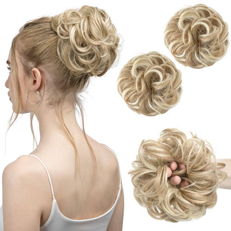 lot 17813 image: 2PCS Messy Hair Bun Hair Pieces Wavy Curly Synthetic Updo Fake Scrunchies Ponytail Extension for Women Dirty Blonde - Retail $16