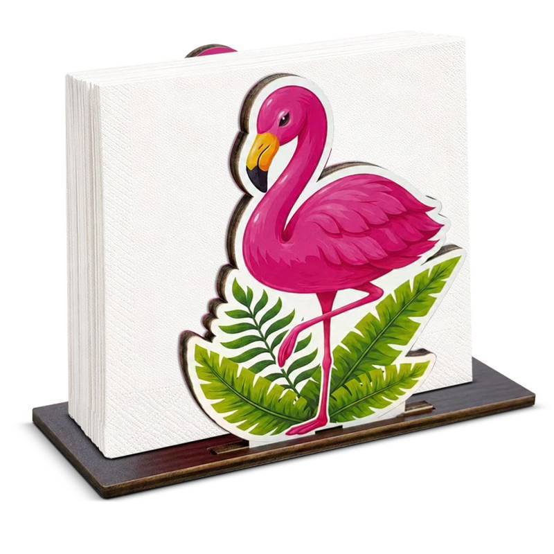 lot 17823 image: Summer Flamingo Wooden Napkin Holder for Table, Cute Tropical Flamingo Wood Napkin Dispenser for Home Kitchen Dining Room Decor Napkins Tissue Holder (broken piece) - Retail $9