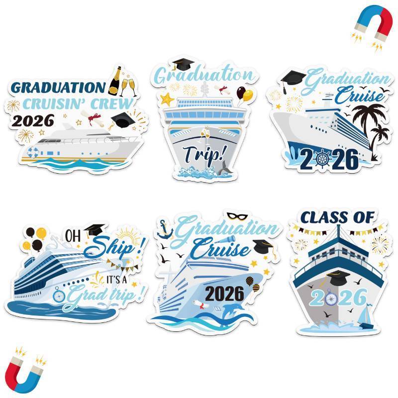 lot 17888 image: Graduation Cruise Door Magnets - 4PCS Class of 2026 Cruise Magnetic Decoration, Graduate Ship Car Refrigerator Magnets Decal, Congrats Grad Cabin Fridge Stickers for Carnival Party Decor (4pcs) - Retail $11