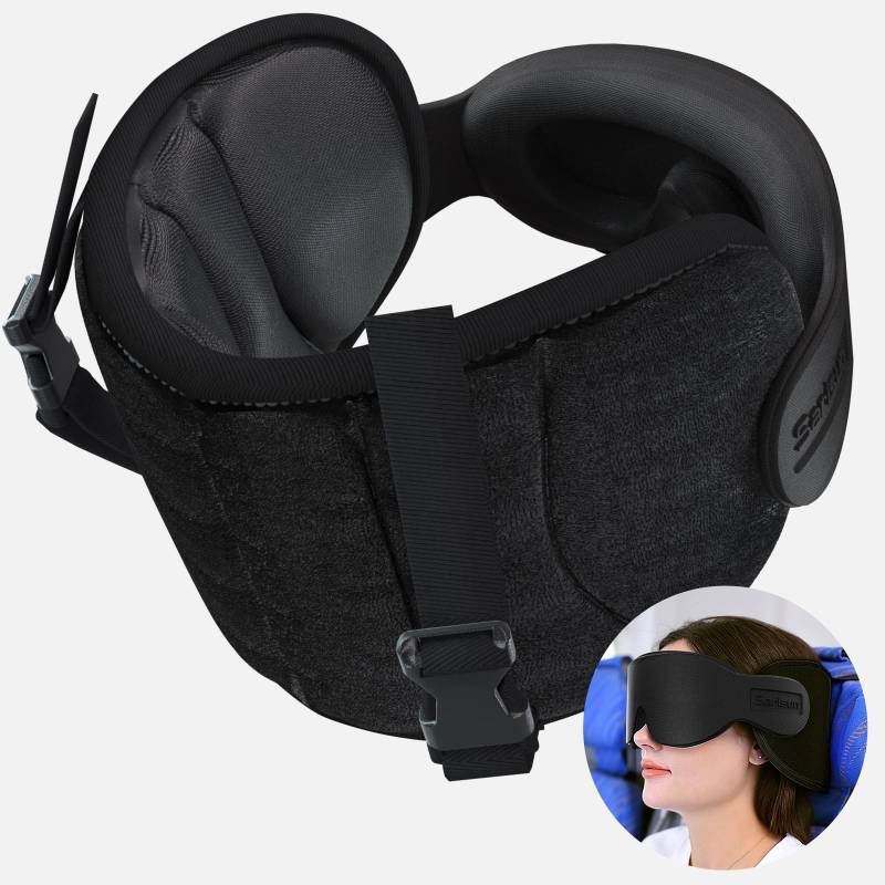 lot 17926 image: Travel Pillows for Airplanes, 360° Stable Support Airplane Pillow with 3D Eye Mask, Headrest Pillow for Long Flight Road Trip Sleep, Stop Bobblehead Travel Essential, Black - Retail $20