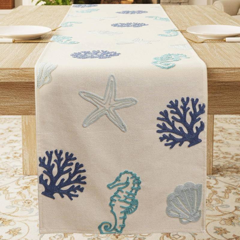 lot 17954 image: Coastal Embroidered Table Runner Beach Decor Coral Shell Seahorse Starfish Table Decoration for Home Ocean Indoor Kitchen Dining Decor 13x72 Inch - Retail $16