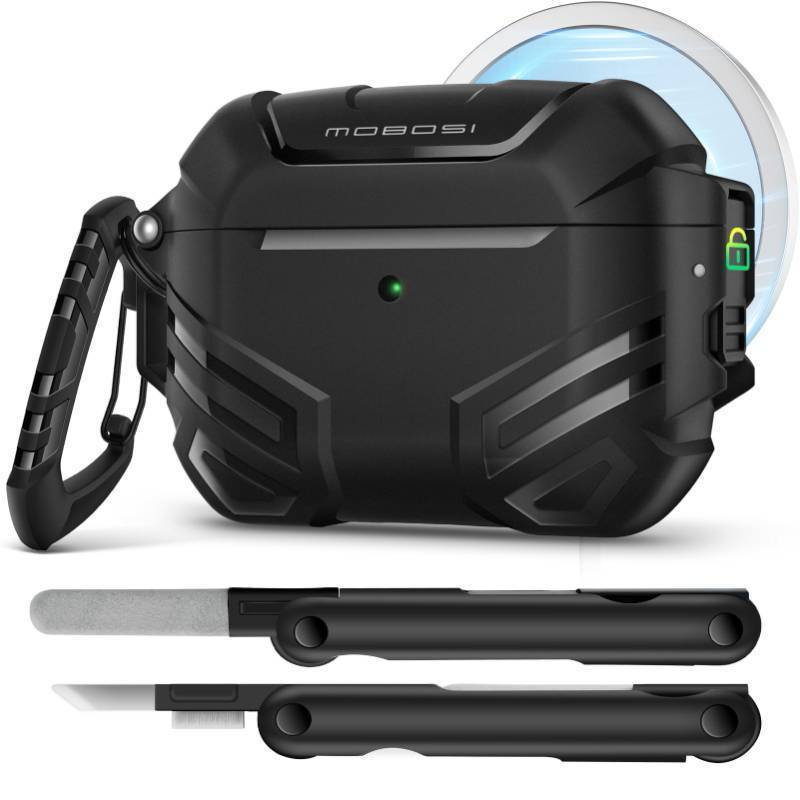lot 18028 image: AirPods Pro 3 Case with Lock, Compatible with AirPod 3rd Gen Cover Fit for MagSafe, Military Grade Hard Shell for iPods Pro3 with Cleaner Kit & Keychain for Men(2025), Black - Retail $16