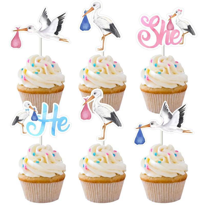 lot 18031 image: Cheereveal Stork Cupcake Toppers - Stork Theme Gender Reveal Cake Cupcake Picks Decorations, Boys Girls Baby Shower Birthday Party Supplies - Retail $9