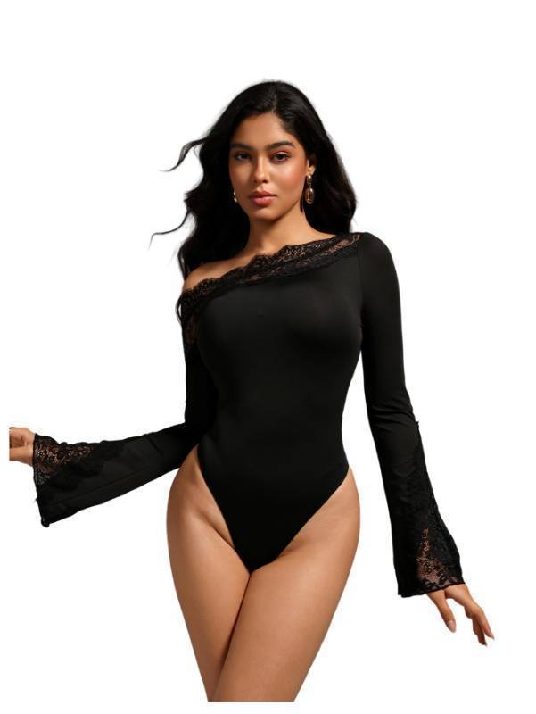 lot 26458 image: Womens Lace One Shoulder Long Sleeve Bodysuit Dressy Off The Shoulder Leotard Tops Black Small - Retail $30