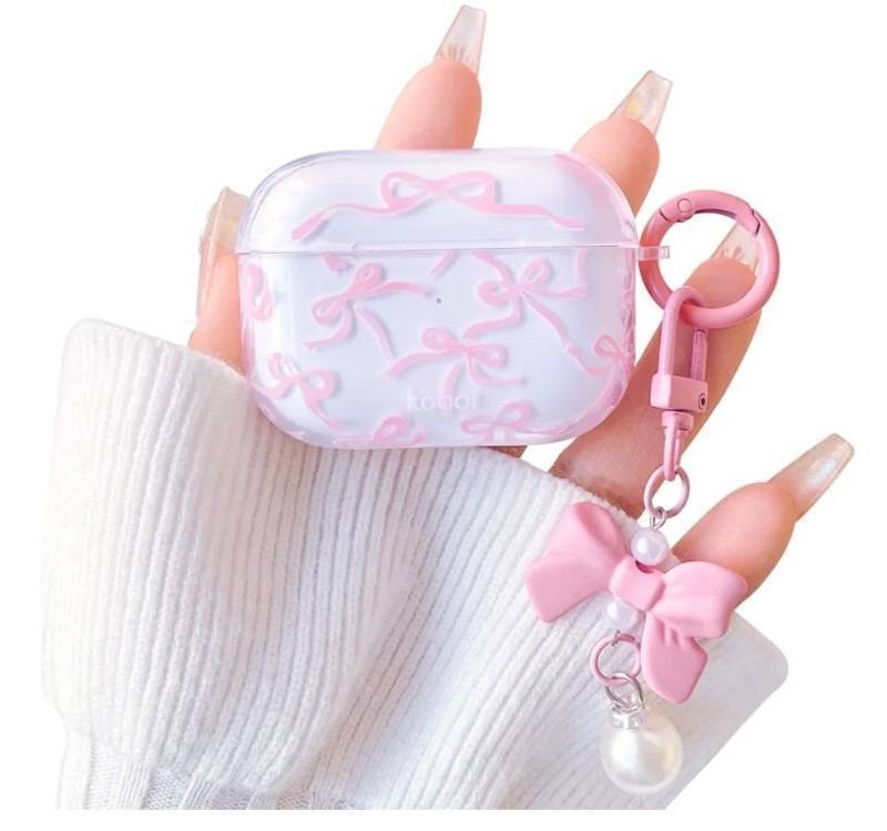 lot 57619 image: Airpods Pro 1st Case Cute Clear Ribbon Bowknot with Lovely Pearl Chain Design for Women Girls Soft TPU Shockproof Protective Cover Case for Airpods Pro 1 - Pink - Retail $10
