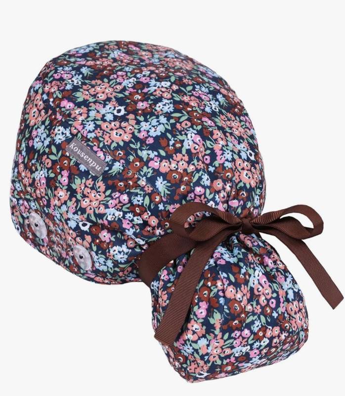 lot 58272 image: Satin Lined Scrub Cap Women with Ponytail Hole & Buttons, Adjustable Surgical Nurse Hat with Cotton Sweatband for Long Hair - Retail $12