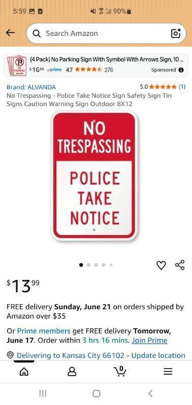 lot 58397 image: No Trespassing Police Take Notice Tin Sign 8x12 - Retail $13