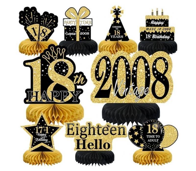 lot 58464 image: 9Pcs Black Gold 18th Birthday Decorations Honeycomb Centerpieces for Boys Girls, Happy 18th Birthday Centerpieces Tables Toppers Party Decorations Supplies, Vintage 2008 Aged Table Sign Decor - Retail $10