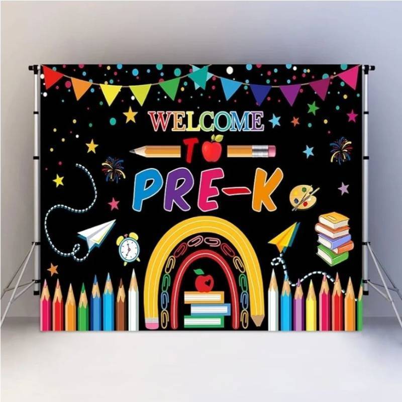 lot 27370 image: Welcome Back to Pre-K Backdrop for Kids Children Preschool First Day Kindergarten Classroom Supplies Decor Books Pencils Background Photo Booth Props 7x5ft RBJMYLU515 - Retail $18