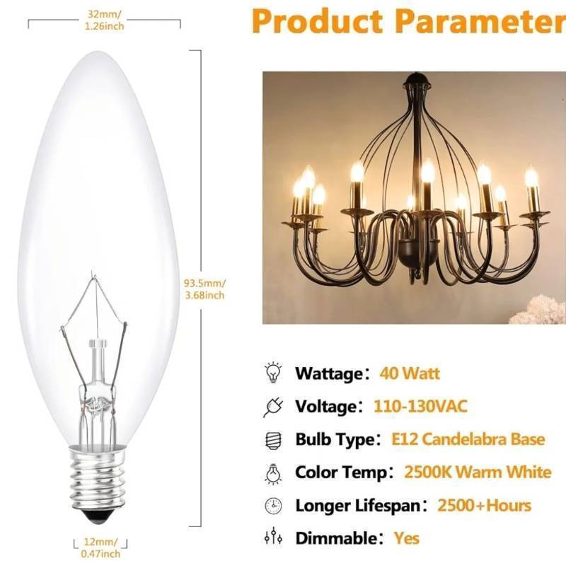lot 27504 image: Vintage Incandescent Light Bulbs 40Watt B10 380 Lumens, Clear Dimmable E12 Edison Candelabra Lightbulbs, Decorative Candle Bulbs for Chandeliers, Ceiling Fan, 2500K Warm White 11-Pack - Retail $10