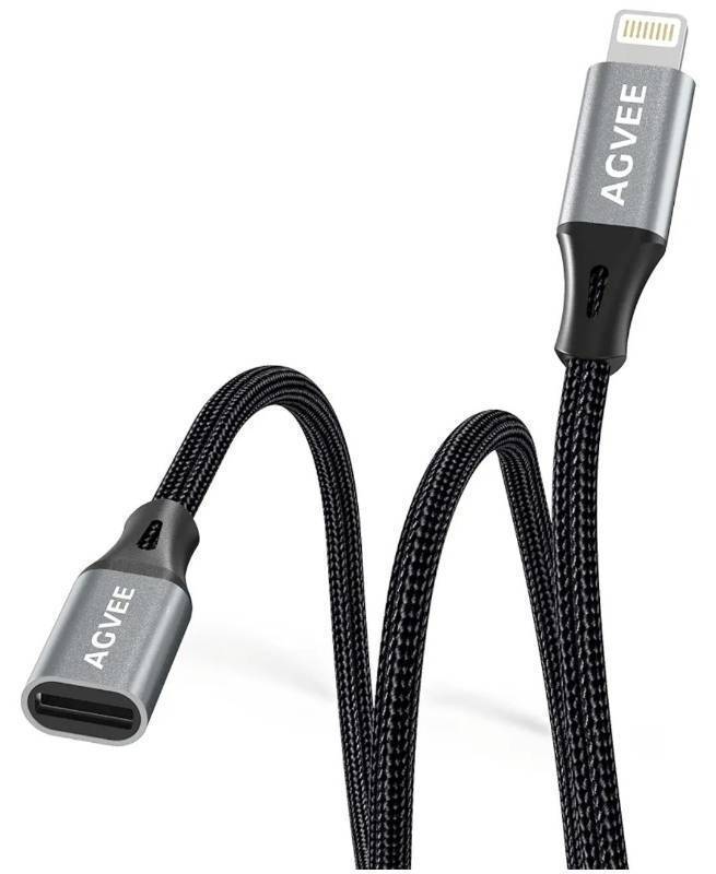 lot 27530 image: AGVEE 2 Pack 1ft Lightning Extension Cable, Braided Female to Male Extender Full Function Cord Compatible with iPhone iPad, Data Sync Video Audio & Charging Connector Adapter, Dark Gray - Retail $12