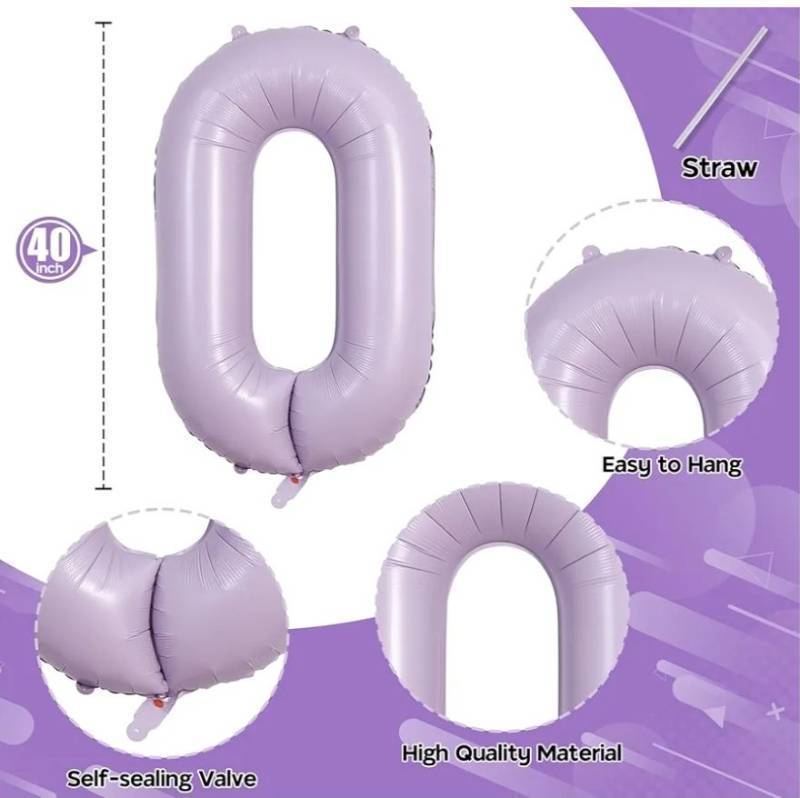 lot 27537 image: Pastel Purple Number 0 Balloons 40 Inch, Large Lilac Number Balloons 0-9 Set, Light Purple 0 Mylar Foil Balloon Numbers for Girls Women Baby Shower Birthday Graduation Anniversary Party Decorations - Retail $6