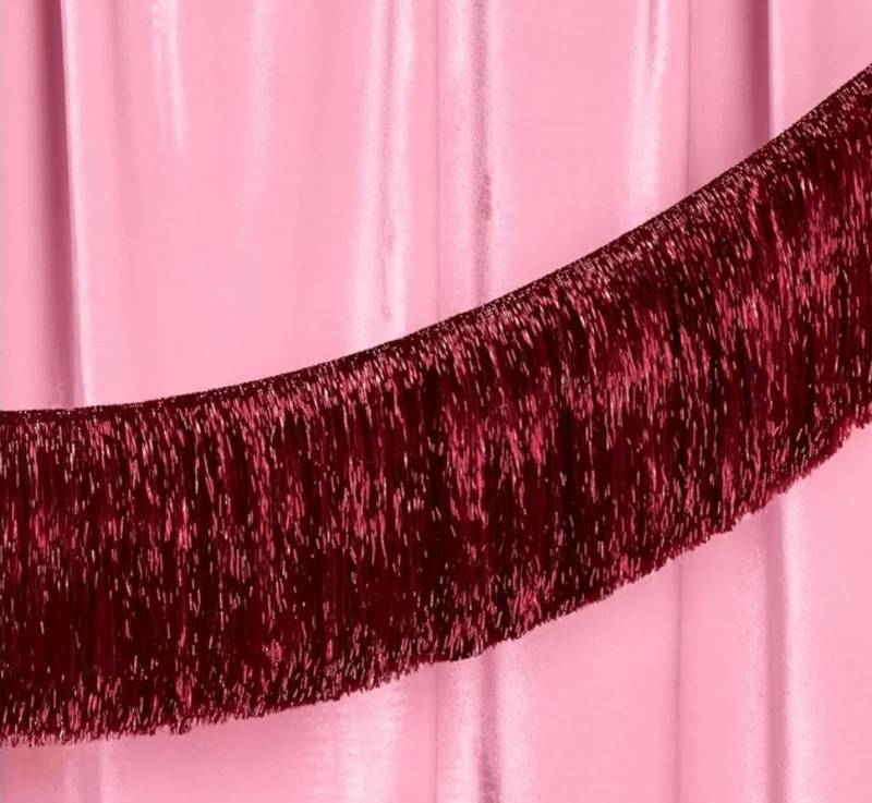 lot 27573 image: Fetti Burgundy Fringe Banner - 4 ft  Bachelorette Decorations, Cute Birthday Photo Booth, Party Backdrop, Wine Bday Supplies - Retail $12