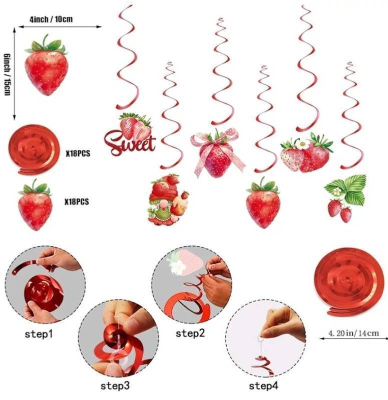 lot 27574 image: Strawberry Birthday Decorations Party Streamers Set - 14 Colorful Hanging Swirl with Strawberry Theme Cards - Retail $8
