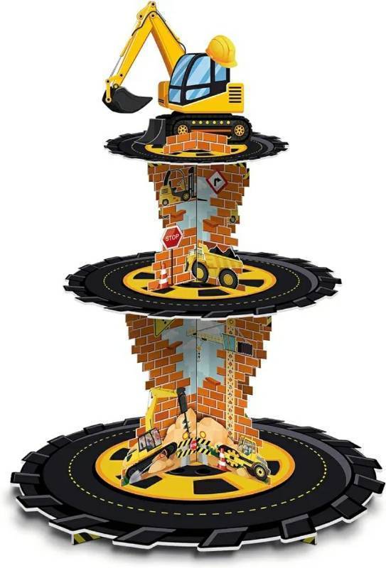 lot 46589 image: Construction Birthday Decorations 3 Tier Construction Theme Cupcake Stand Cardboard Dump Truck Dessert Display Tower Holder Cupcake Serving Stand for Baby Shower Party Supply