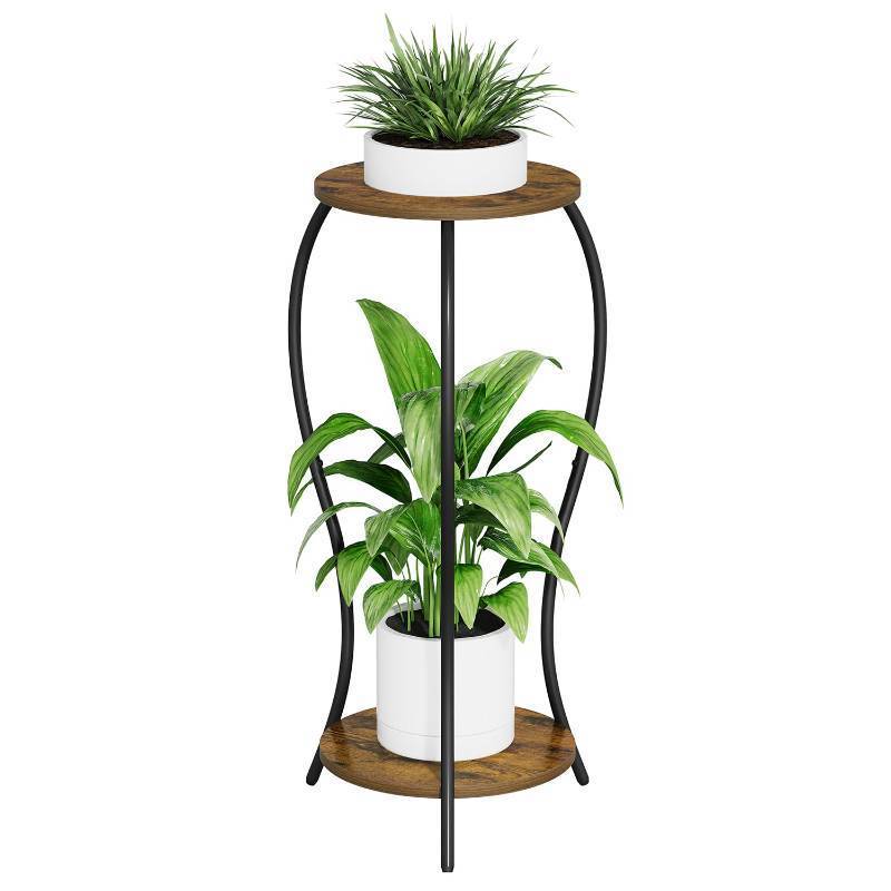 lot 38380 image: Plant Stand Indoor, 2 Tier Round Tall Plant Stand, Flower Pot Stand, Plant Shelf Rack, Corner Plant Stand for Planter Garden Balcony Patio Living Room, Retro - Retail $21