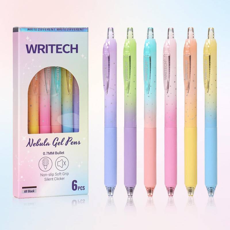 lot 17773 image: Gel Pens Fine Point Nebula Pen Set 0.7mm Black Ink Retractable 6ct Medium Point Smooth Writing with Aesthetic Gradient Color Barrel for Journaling Note Taking Silent Click No Smear - Retail $13