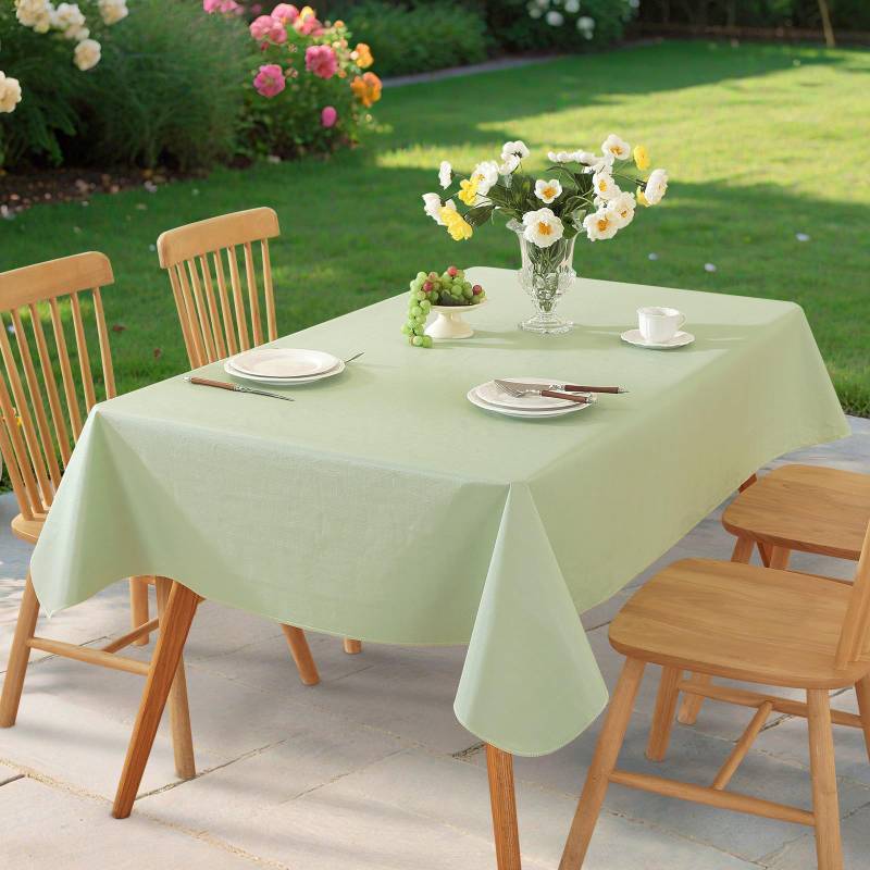 lot 17785 image: Rectangle Table Cloth, Waterproof Vinyl Tablecloth with Flannel Backing, Wipeable Reusable Rectangular Plastic Tablecloths for Dining, Camping, Indoor and Outdoor (Light Green, 60 x 102) - Retail $18