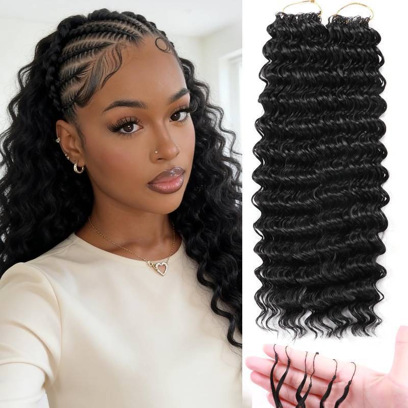 lot 17826 image: Curly Feather Crochet Hair Human Hair Feeling 100 Roots Pre-Separated miracle knot 18 Inch Deep Wave crochet Hair For Black Women (18 Inch-100 Roots, 1B#) - Retail $36