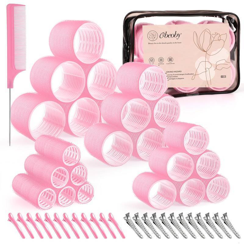 lot 17827 image: 4 Sizes Self-Grip Hair Rollers Set for Long, Short Hair and Bangs - 50 Pcs with Clips (25mm, 36mm, 48mm, 60mm), Pink missing medal clip - Retail $10
